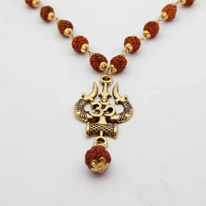 Colar Espiritual de Rudraksha com OM Trishul de Shiva: Atrai Sorte, Prosperidade e Proteção.