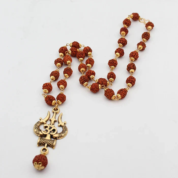 Colar Espiritual de Rudraksha com OM Trishul de Shiva: Atrai Sorte, Prosperidade e Proteção.